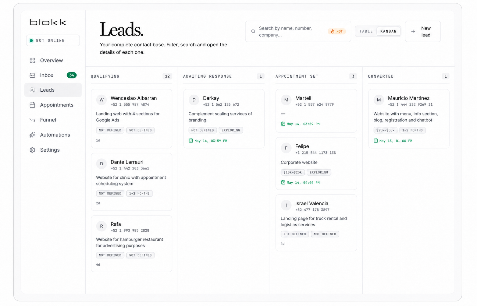 Leads dashboard — every contact the AI agent is working